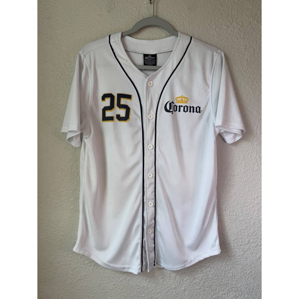Corona Extra Baseball Jersey White Blue Yellow La Vida Mas Fina Palm Tree Small